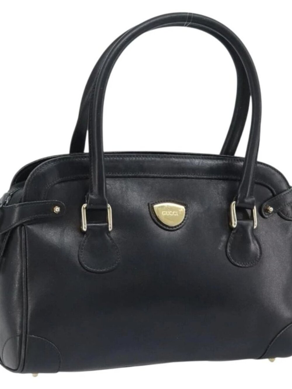 GUCCI Hand Bag Leather Black Gold Auth BSZ350